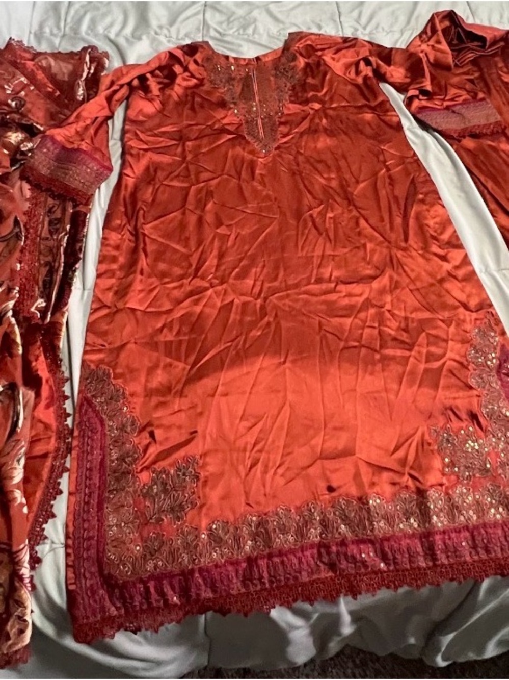 Embroidered Satin Tunic in Deep Rust with Maroon Trim